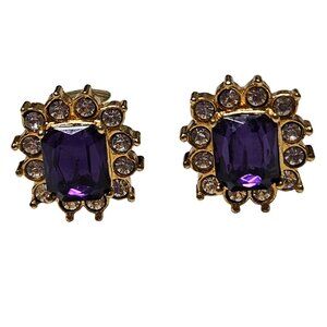 Vintage Purple Clip On Earrings Clear Gemstone Accents Retro Fashion Jewelry